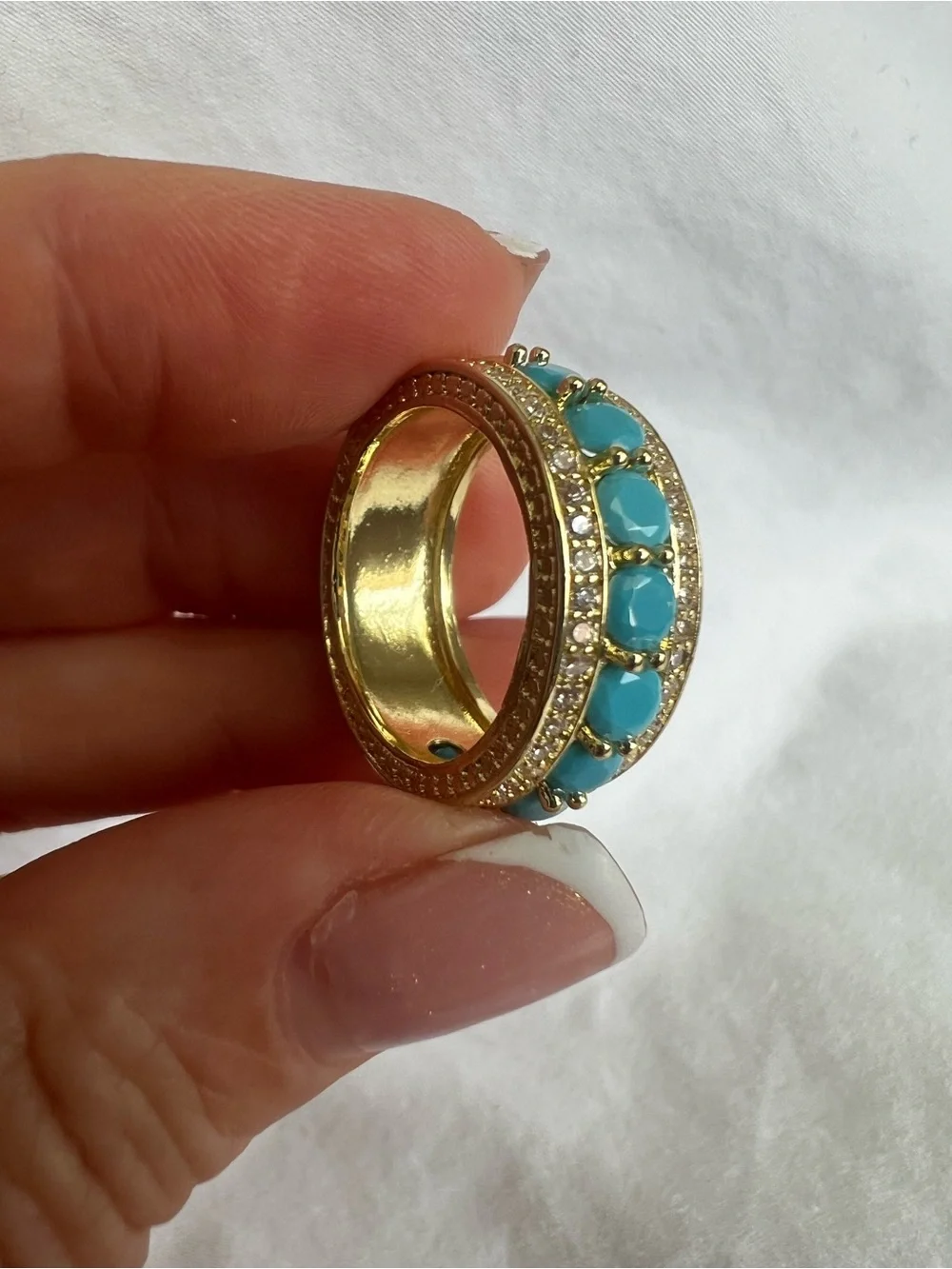Gold Turquoise Band Ring with Crystal Accents